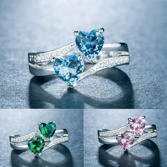 💞925 Silver Plated Sea Blue Heart Cut Emerald Exquisite Ring, GPMB1526 - Picture 4 of 4